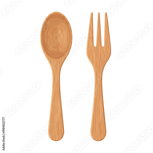 Wooden Spoon and Fork Vector Illustration Isolated on White