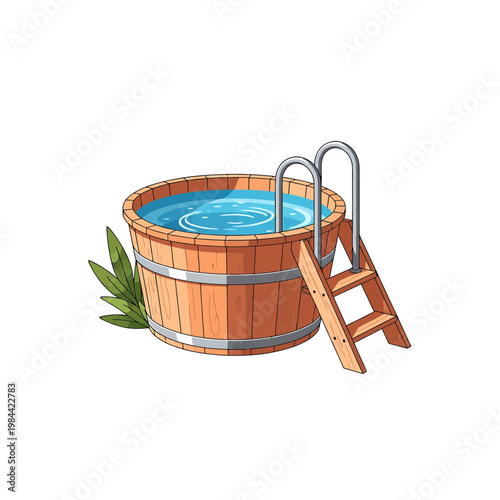 Wooden Outdoor Hot Tub with Ladder Vector Illustration