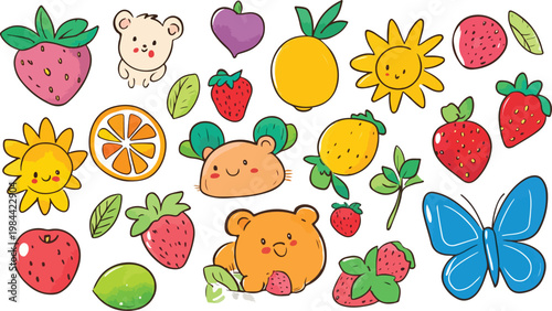 Cute seamless Easter pattern with cartoon rabbits birds fruits and vegetables in a playful colorful vector design