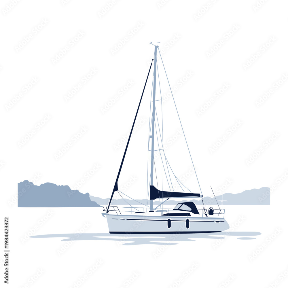 Fototapeta premium Minimalist Sailing Yacht Vector Illustration on Calm Sea