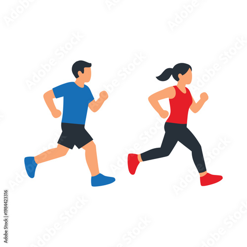 A man and a woman in athletic wear are running together on a white background.