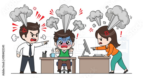Three frustrated office workers experiencing stress and anger during a heated work disagreement in a modern office