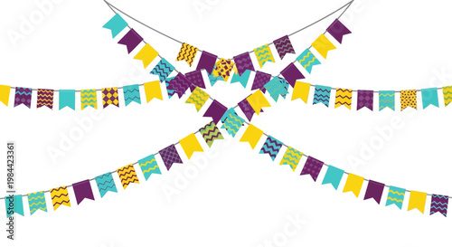 Decorative festive pennant banners in purple, yellow, and teal with zigzag patterns strung across a white background