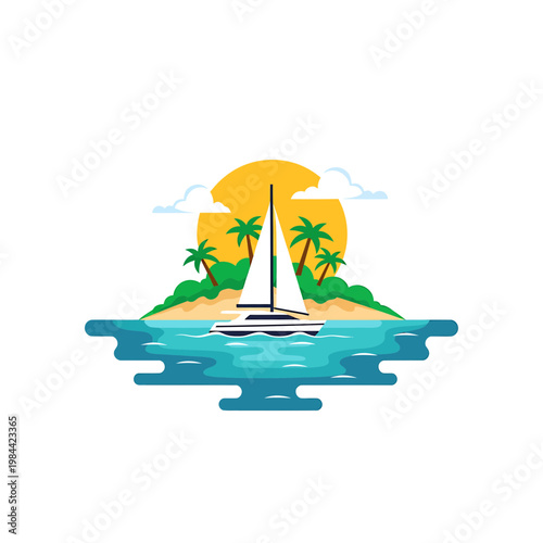 Tropical Island Sailboat Illustration with Palms and Sunset