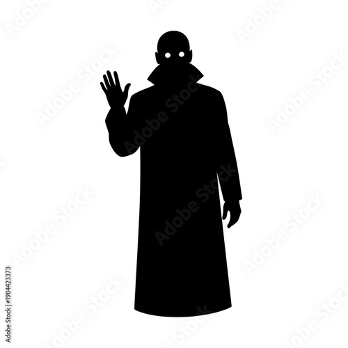 Silhouette of Mysterious Man in Long Coat with Glowing Eyes Vector