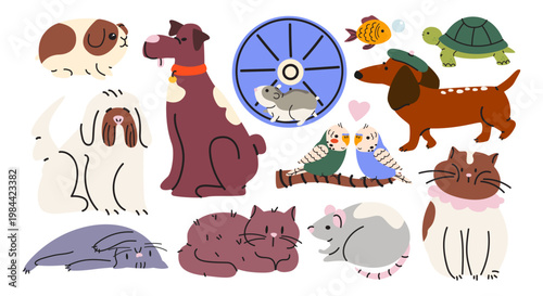 Set of various funny domestic pets in flat cartoon style. Dogs, cats, hamster, birds, fish, turtle, guinea pig and rat. Animals stickers for pet lovers and veterinary