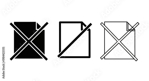 Set of vector icons depicting a crossed-out document symbol, signifying no file, access denied, unavailable content, or restricted digital information