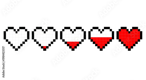Pixelated heart health bar showing decreasing levels of life or energy in a retro video game style, indicating a loss of vitality