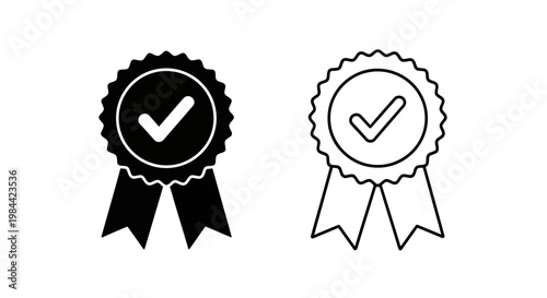 Set of quality guarantee or verified approval vector icons featuring a rosette badge with a prominent checkmark, symbolizing excellence, trust, and certified product or service validation 