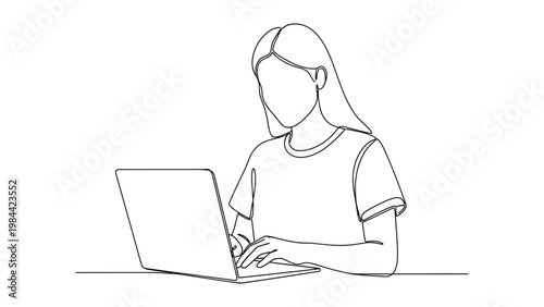woman sitting at desk using laptop. Continuous line style. Hand drawn. Line art. Vector design. illustration