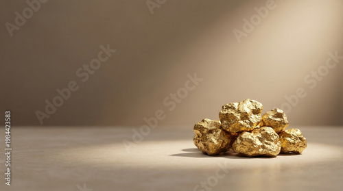 A shimmering pile of raw gold nuggets sits under a spotlight on a minimalist surface, symbolizing wealth, investment, and precious value.