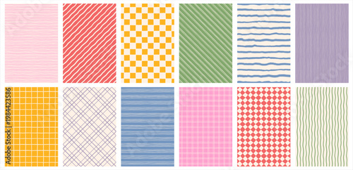 Hand drawn striped checkered geometric backgrounds set. Doodle uneven artistic wavy lines, straight diagonal pinstripes stripes bars streaks waves. Check plaid rectangle patterns colllection