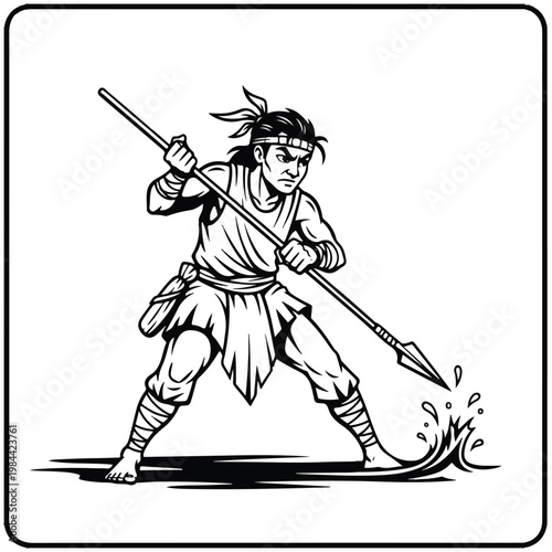 Warrior in ancient combat stance ready.