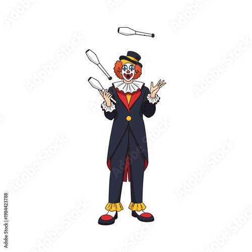 Circus Clown Juggling White Clubs Vector Illustration