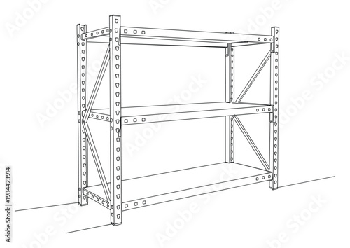 Line drawing of a metal storage shelving unit, ideal for showcasing industrial organization, warehouse logistics, or home garage storage concepts in business presentations and inventory