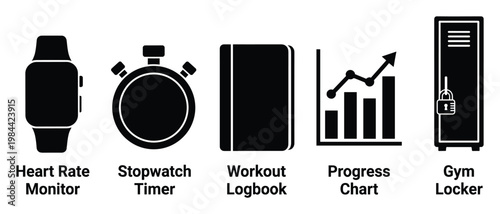Versatile fitness and gym tracking icons for monitoring personal health and exercise achievements, ideal for healthrelated applications, sports websites, and athletic coaching resources.