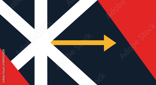 A large white cross on a blue and red background with a yellow arrow