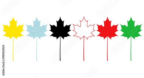 A row of colorful maple leaf shapes on sticks
