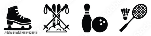 Striking black sports equipment icons such as ice skates, skis, bowling pin, and badminton racket, perfect for athletic event promotions, application graphics, and active lifestyle branding
