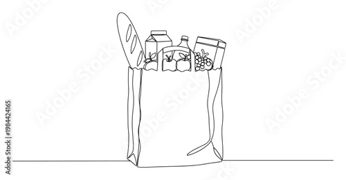 Minimalist continuous line drawing of a paper grocery bag overflowing with fresh food items like fruit and milk, ideal for illustrating healthy shopping concepts and daily consumer needs