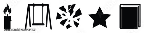 Graphic collection of universal black silhouette symbols such as a burning candle, playground swing, shattered fragments, fivepoint star, and closed book, ideal for conceptual visual