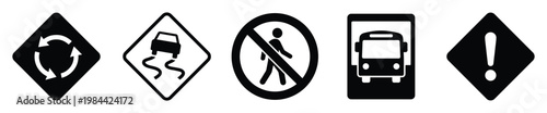 Fundamental black and white road signs presenting roundabout, slippery road, no pedestrian, bus stop, and general warning symbols for educational purposes and transportation layouts.