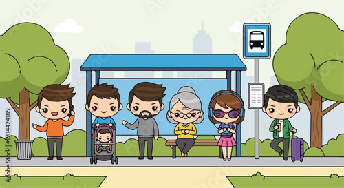 Cute cartoon children waiting at a bus stop with trees and a bus shelter on a sunny day