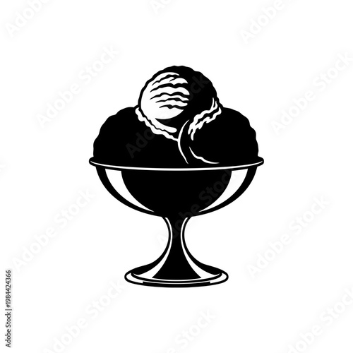 Ice Cream Sundae in Glass Bowl Black and White Vector Illustration