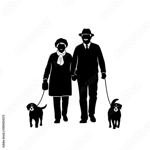 Senior Couple Walking Dogs Silhouette Vector Illustration