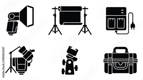 Professional photography studio equipment symbols for lighting, backdrop support, power charging, and safe transport to enhance visual media content creation