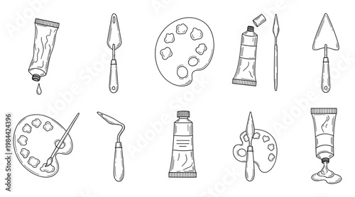 Collection of essential handdrawn painter tools and art supplies including tubes, palettes, and palette knives for graphic projects, learning resources, or decorative purposes.