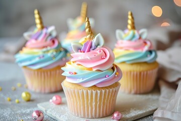 Three colorful unicorn cupcakes sitting on a table, decorated with rainbow frosting and a gold horn