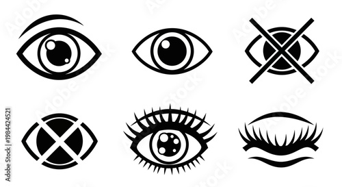 Collection of six stylized eye icons representing vision, sight, and awareness in various forms, including closed and open eyes
