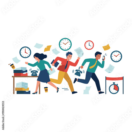 People rushing to work amidst clocks and office supplies in a chaotic office environment