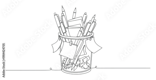 Continuous line drawing of a transparent pen holder filled with various stationery items including pens, pencils, and sticky notes, representing organization and office supplies suitable