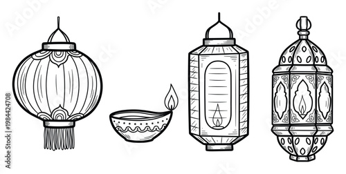 Collection of hand drawn outline lanterns and a traditional diya lamp perfect for cultural celebrations decorations festive greetings and educational materials