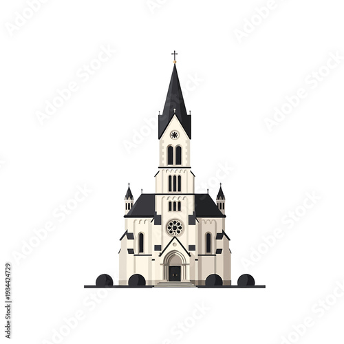 Gothic Church Building Vector Illustration Isolated on White