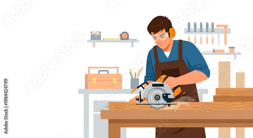 A focused carpenter demonstrates skilled woodworking, diligently sawing timber with a circular saw in a productive workshop environment, highlighting precision craftsmanship