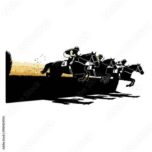 Action Horse Racing Illustration with Jockeys Jumping over Hurdles