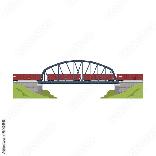 Freight Train Crossing a Steel Arch Bridge Vector Illustration