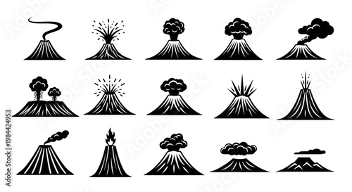 Explosive volcanic activity vector icons set, showcasing various eruption stages from dormant to full blast, illustrating natural geological power and intensity