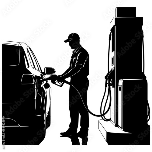 Gas Station Attendant Refueling Car Silhouette Vector Illustration