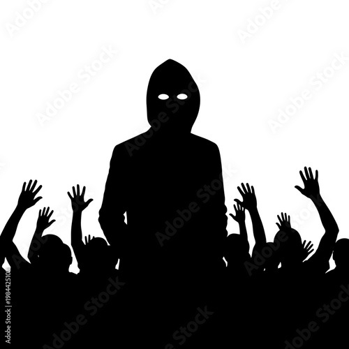 Silhouette of Hooded Mysterious Figure and Crowd with Raised Hands