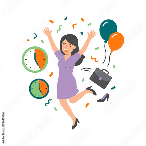 Woman celebrates work freedom with balloons and clocks