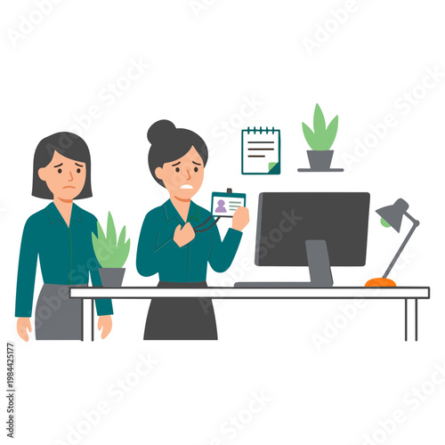 Two women discussing a document at a desk with a computer and plants