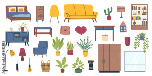 Interior furniture and decor elements set in flat style isolated on white background7. Collection of vector cliparts.