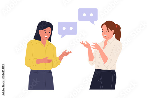 Illustration of Two Women Talking and Discussing Ideas. Two female characters standing and having a conversation with speech bubbles, representing communication, gossip, and social interaction