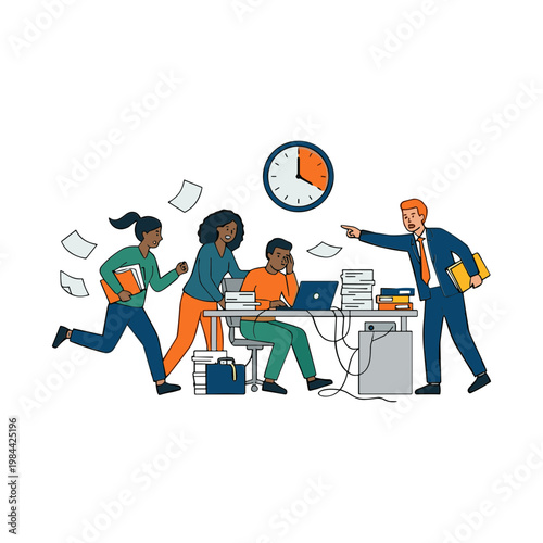 Busy office scene with coworkers rushing to meet deadline