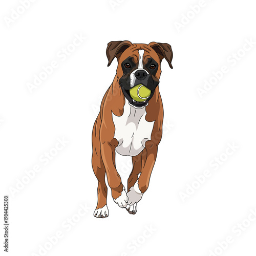 Boxer Dog Running with Tennis Ball Illustration isolated on White
