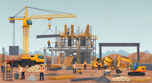 Construction site with heavy machinery and workers building a structure